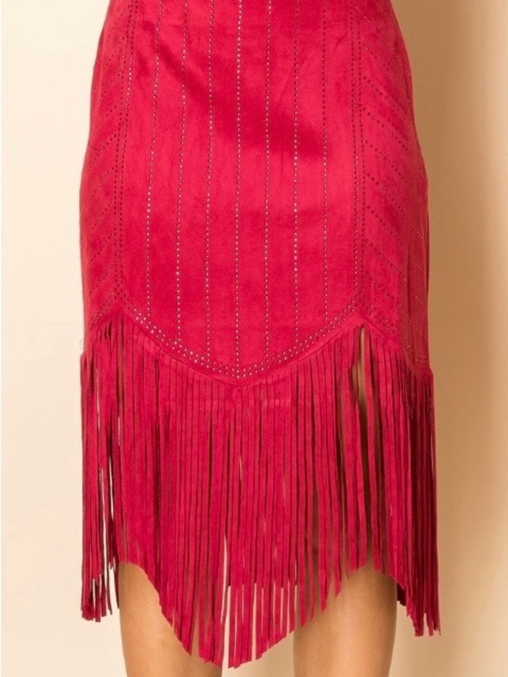 Red Fringe Faux Suede Midi Skirt with Red Bling by Vocal